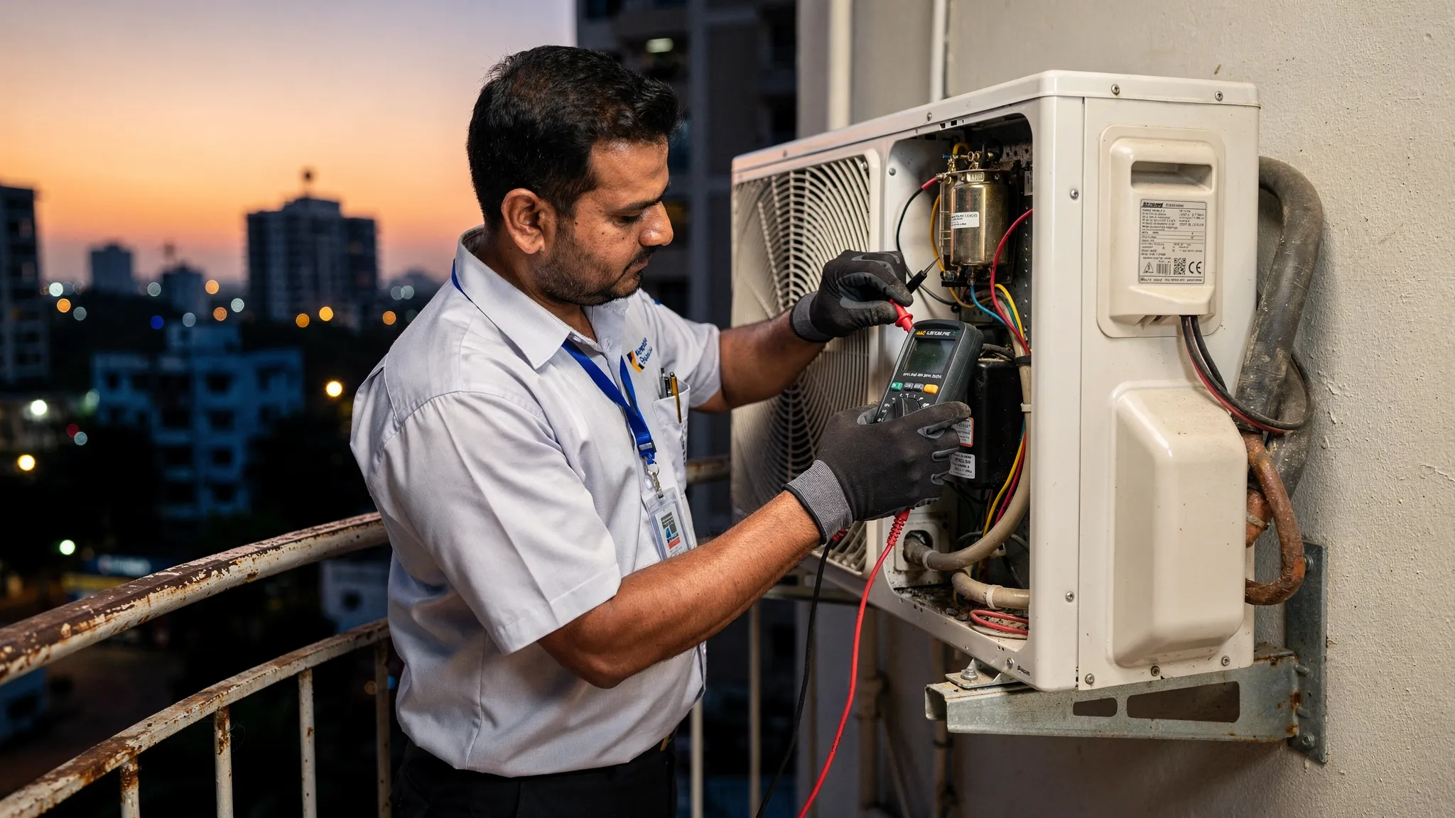 A certified HVAC technician on a Chennai apartment balcony servicing an outdoor AC unit, inspecting a capacitor and wiring with a multimeter, rust‑resistant bracket visible, evening city skyline in the background.