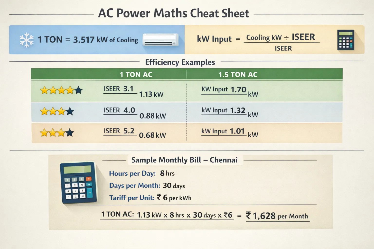 A clean, infographic-style cheat sheet that shows key AC power maths: 1 ton equals 3.517 kW of cooling, kW input equals cooling kW divided by ISEER, examples for 1 ton and 1.5 ton at different star ratings, and a sample Chennai monthly bill calculation using hours per day and tariff per unit.