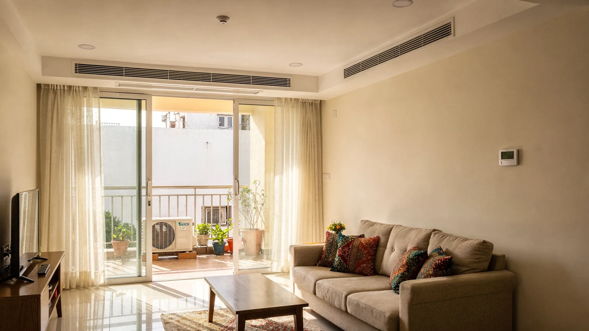 A modern Chennai living room with a false ceiling showing two discreet linear supply grilles and one return grille for a ducted central AC, a wall thermostat, and a quiet outdoor unit on the balcony in the background.