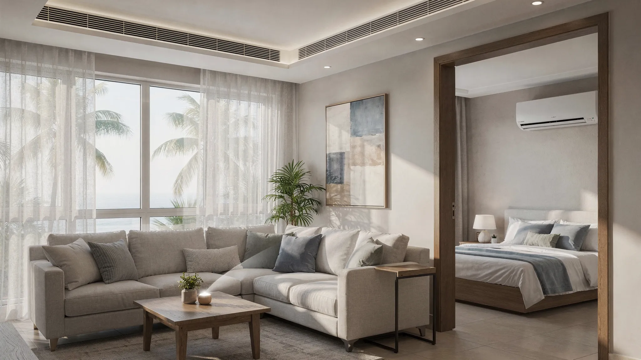 A modern Indian living room with a concealed ductable AC supply grill along a false ceiling delivering uniform airflow, contrasted with an adjacent bedroom that has a wall-mounted split AC indoor unit. Natural light, neutral decor, and coastal apartment cues suggest a Chennai home.