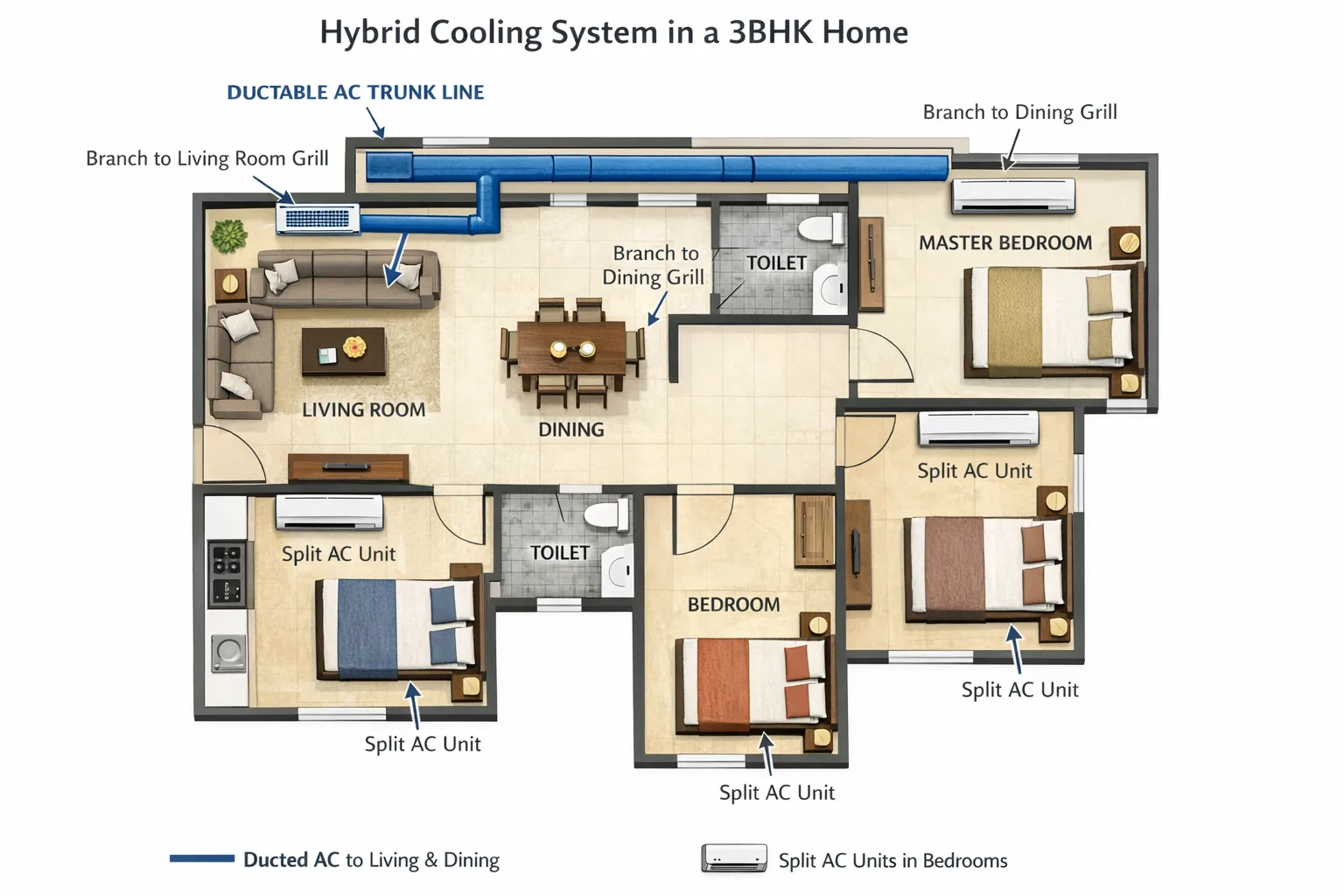 A simple floor plan diagram of an Indian 3BHK home showing a ductable AC trunk with two branches feeding living and dining grills, and separate split AC units in each bedroom, illustrating a hybrid cooling strategy.