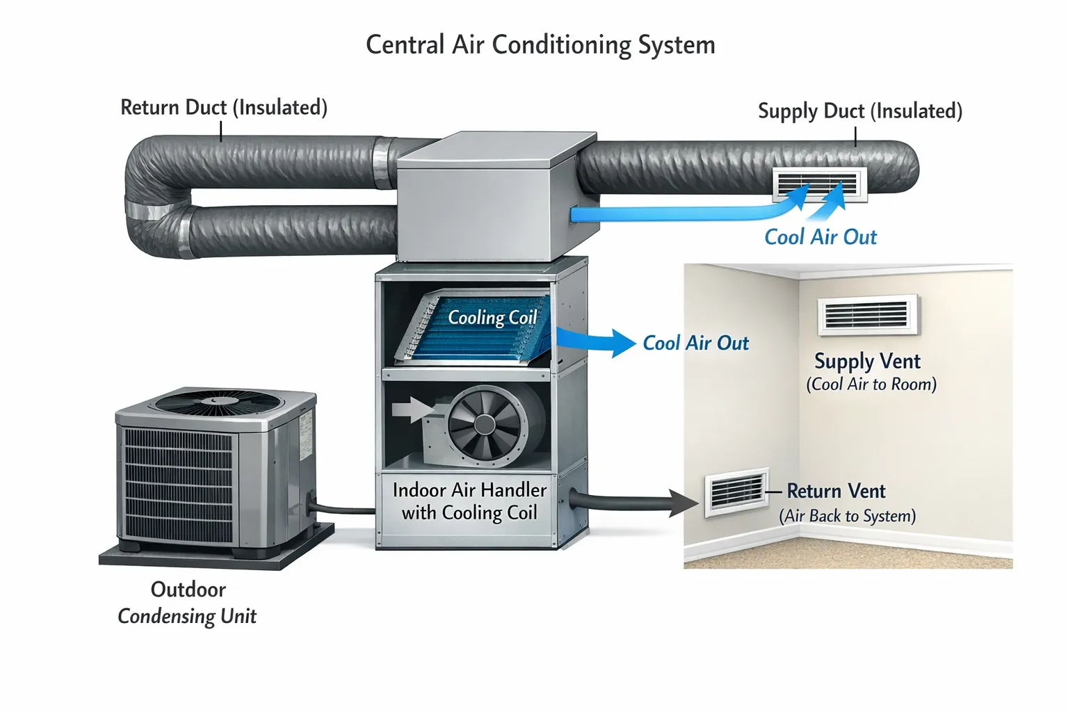 A simple schematic of a central air conditioning system showing one outdoor condensing unit, an indoor air handler with cooling coil, insulated supply and return ducts, and room supply and return vents, labeled for beginners.