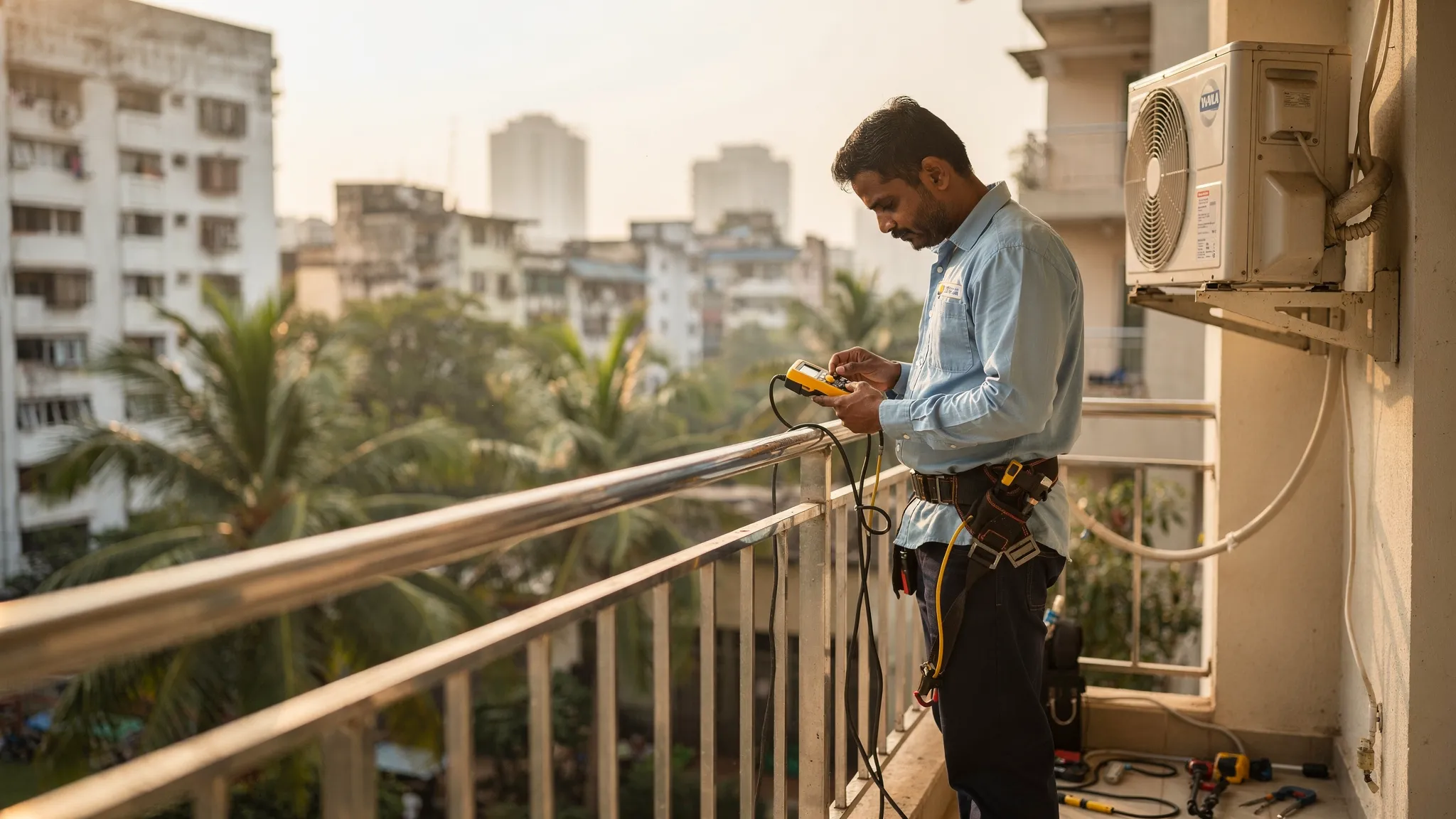 A technician in Mylapore, Chennai using a clamp meter to check the power draw of a split AC outdoor unit on an apartment balcony, with mid-rise buildings and coconut palms in the background.