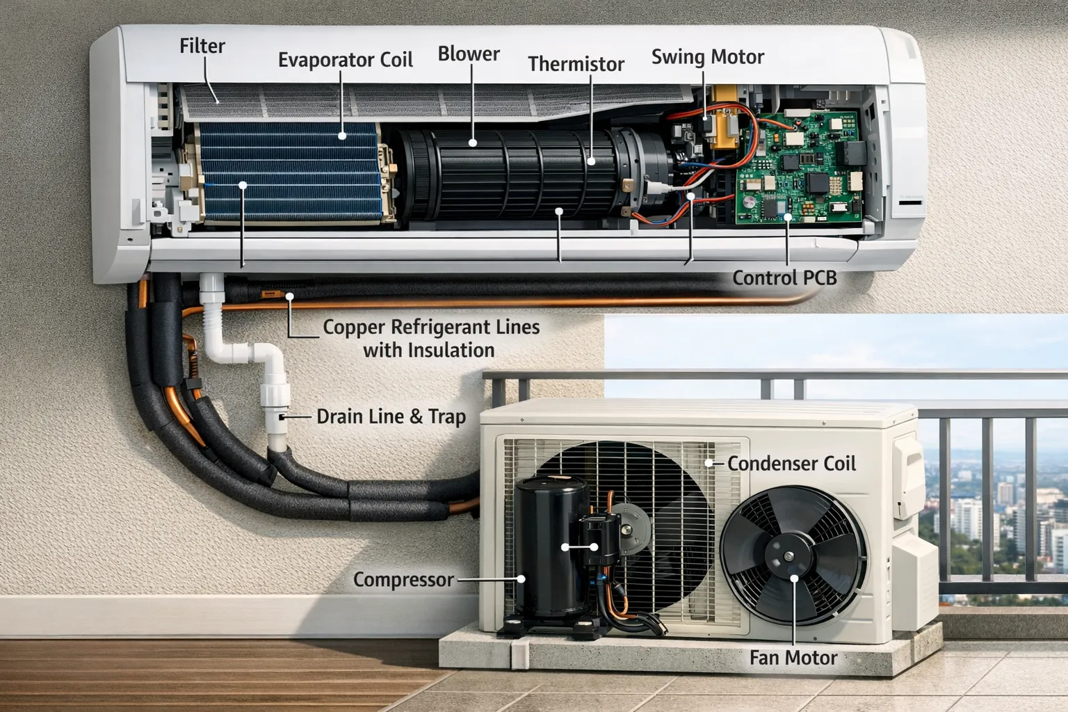 Cutaway view of a residential split AC showing major parts with simple labels: indoor unit (filter, evaporator coil, blower, thermistor, swing motor), outdoor unit on a balcony (compressor, condenser coil, fan motor), copper refrigerant lines with closed‑cell insulation, drain line and trap, and the control PCB.