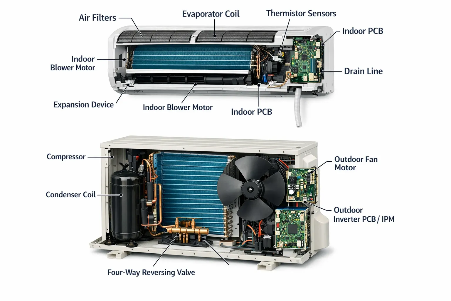 Exploded view of a split air conditioner showing indoor and outdoor units with callouts to major components: compressor, condenser coil, evaporator coil, expansion device, indoor blower motor, outdoor fan motor, air filters, drain line, thermistor sensors, indoor PCB, outdoor inverter PCB/IPM, four-way reversing valve.