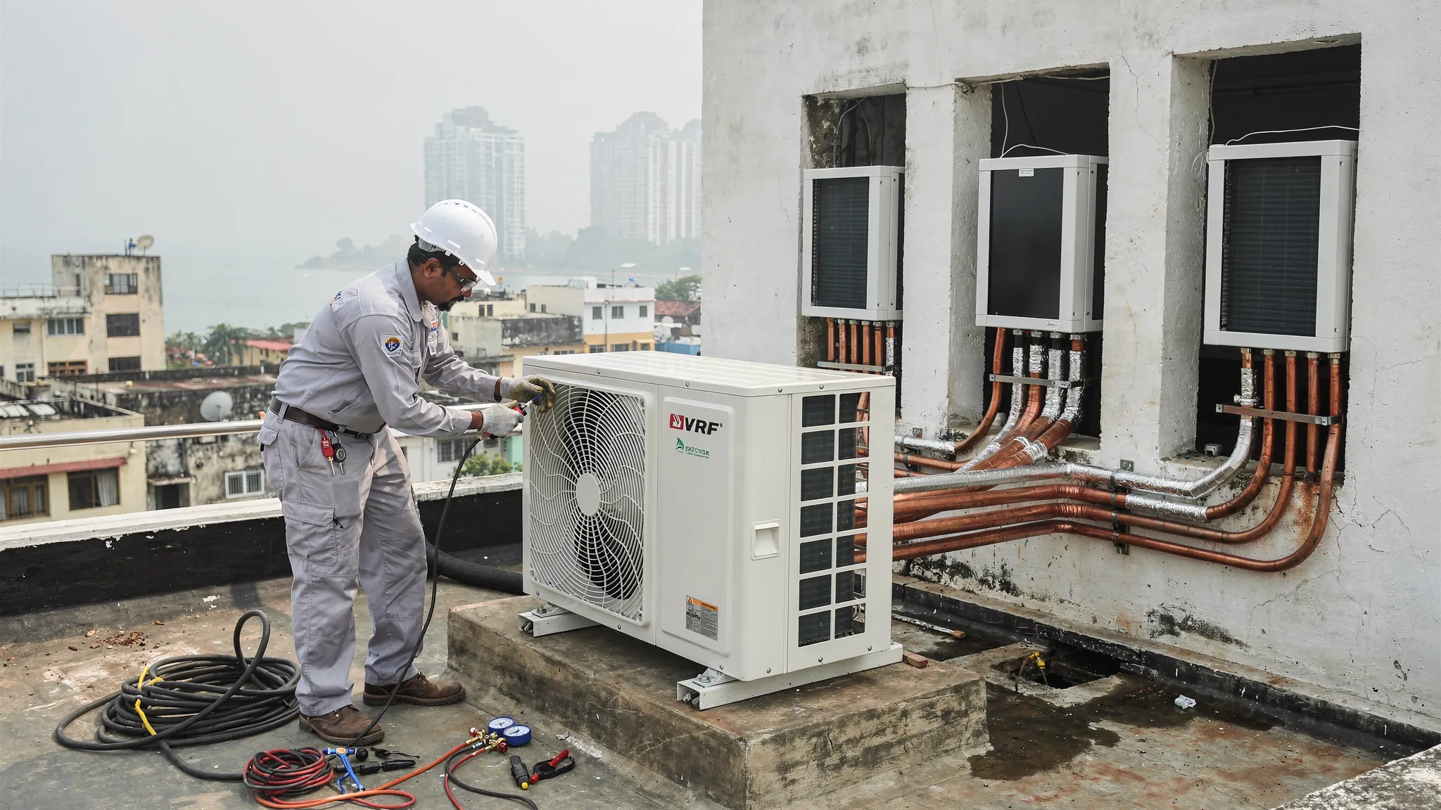 HVAC technician installing a compact VRF outdoor unit on a Chennai rooftop, with multiple refrigerant lines routed to indoor cassette units; humid coastal skyline in the background.