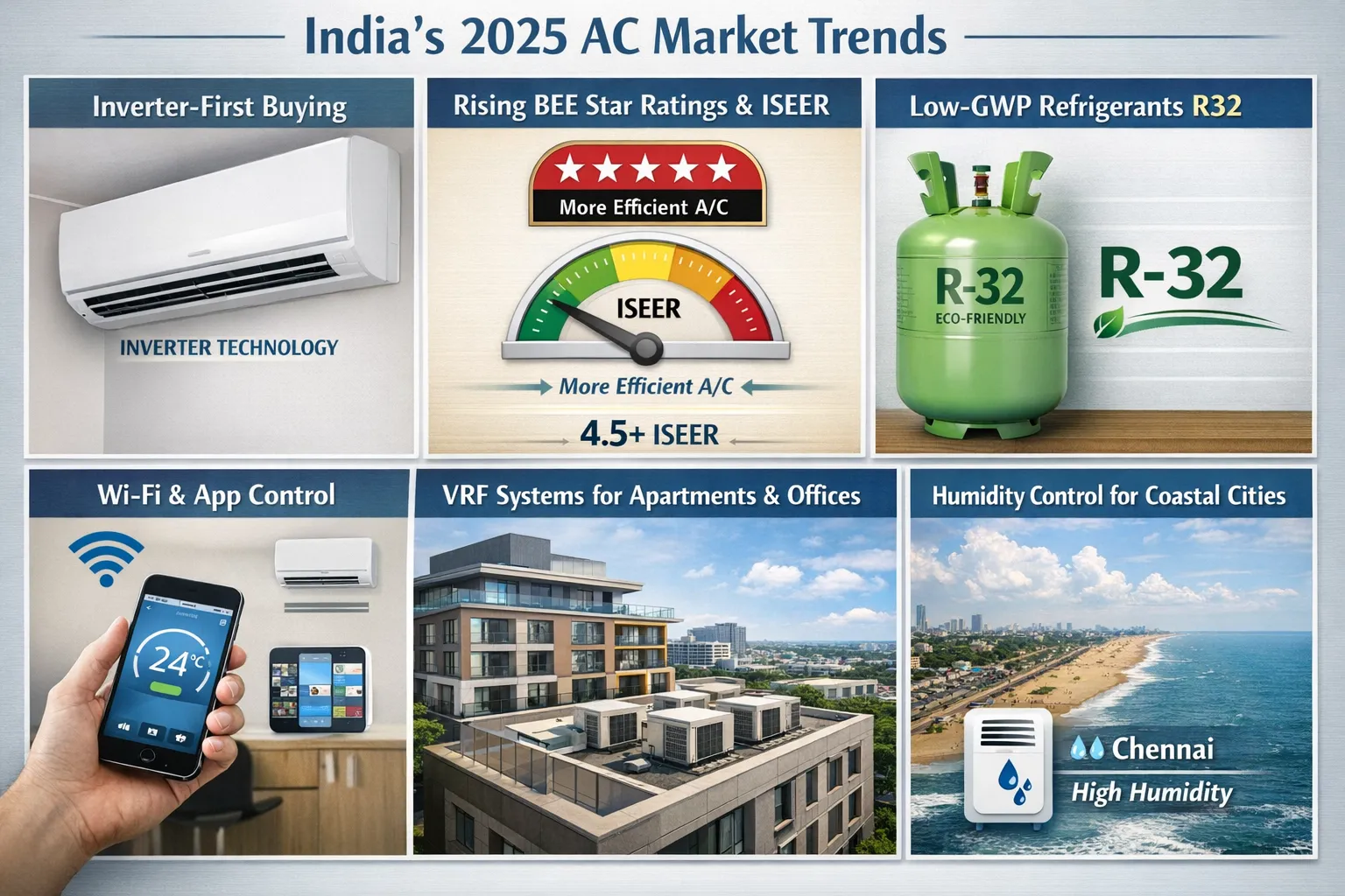 Infographic collage of India’s 2025 AC market trends: inverter-first buying, rising BEE star ratings and ISEER, shift to lower-GWP refrigerants like R32, Wi‑Fi and app control, growth of VRF systems for apartments and offices, and strong humidity control for coastal cities such as Chennai.