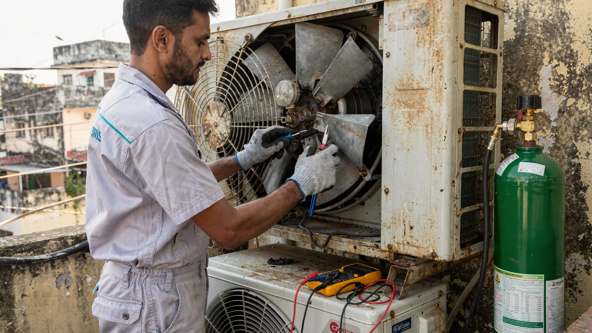 Technician replacing an outdoor fan motor on a residential split AC in a coastal Indian city, with protective gloves, nitrogen cylinder nearby for pressure testing, and a multimeter on the unit panel.