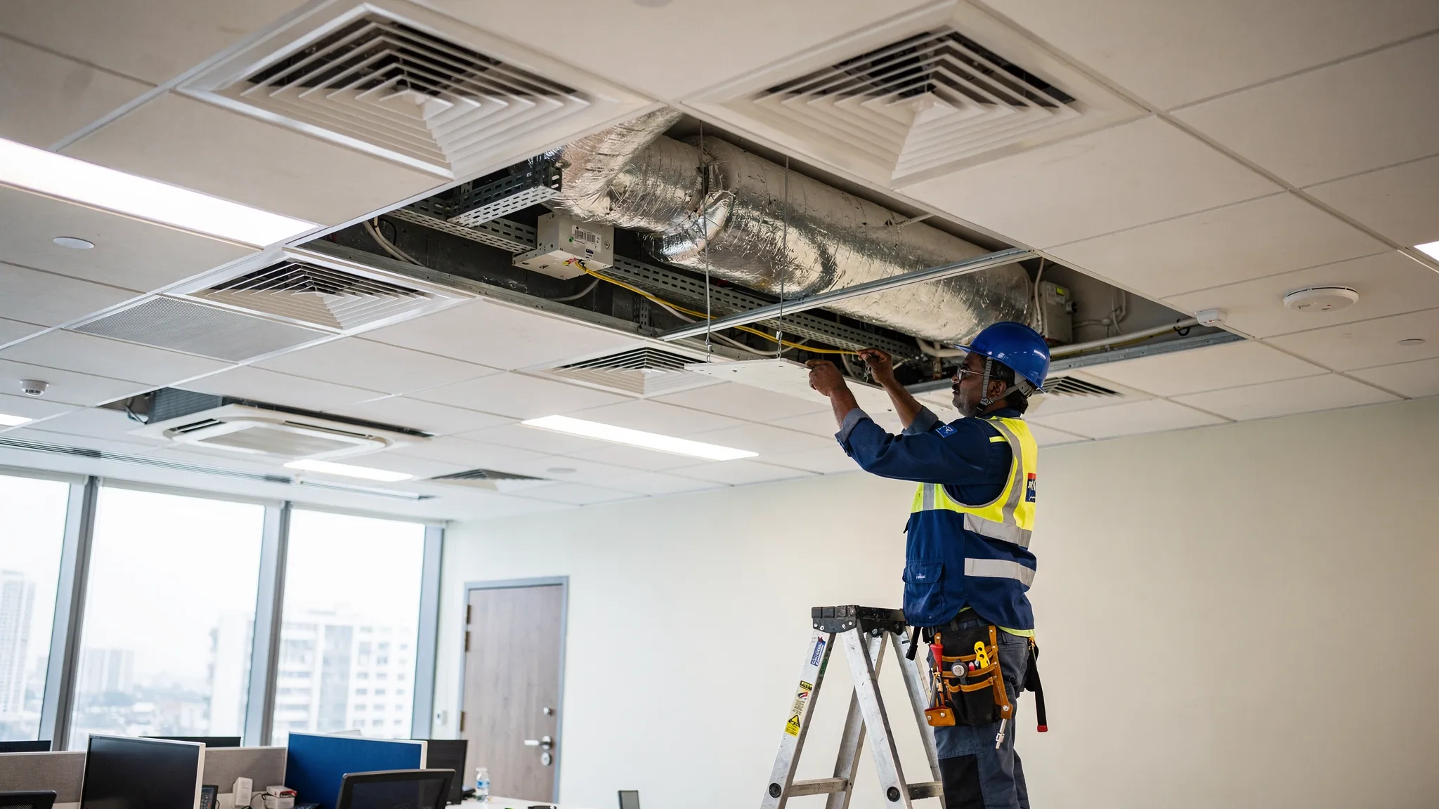A Chennai commercial office ceiling showing ductable AC diffusers and an HVAC technician opening a ceiling access panel for maintenance with ducts visible above.