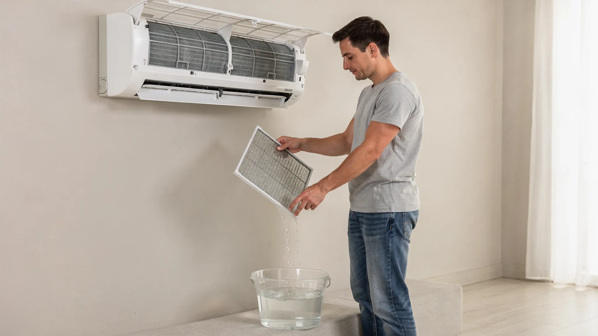 A homeowner standing on the floor and gently removing and washing the mesh air filters from a wall-mounted split air conditioner; the indoor unit front panel is open, and the person is holding the filter over a bucket with clean water in a well-lit room.