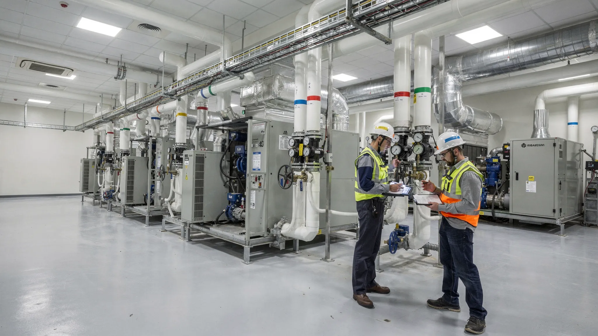 A large commercial HVAC plant room with central equipment, insulated pipes, valves, gauges and technicians performing an inspection. The scene shows a clean facility environment typical of a mall or hospital mechanical room.