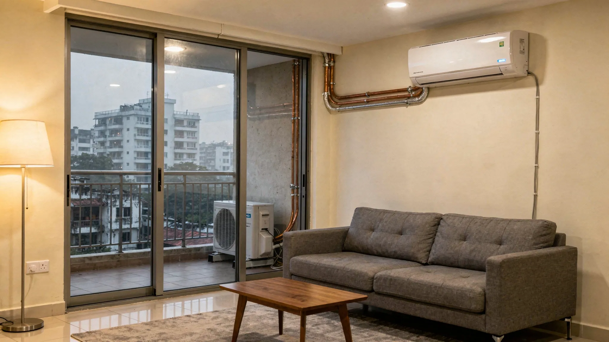 A modern Chennai apartment living room with a compact wall-mounted indoor AC unit, soft lighting, and a balcony view of the city. A discreet outdoor unit on the balcony serves multiple rooms through concealed piping, illustrating a VRV setup for multi-room comfort.