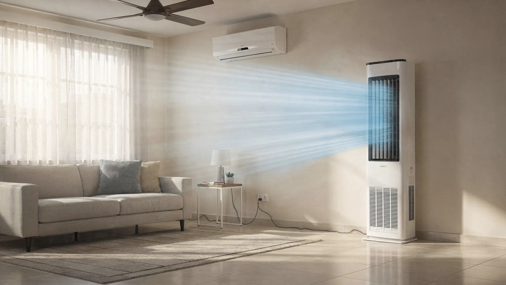 A modern floor standing air conditioner installed in a bright Chennai living room, placed near a wall with clear front airflow, with minimal furniture around it to show recommended clearance and air throw direction.