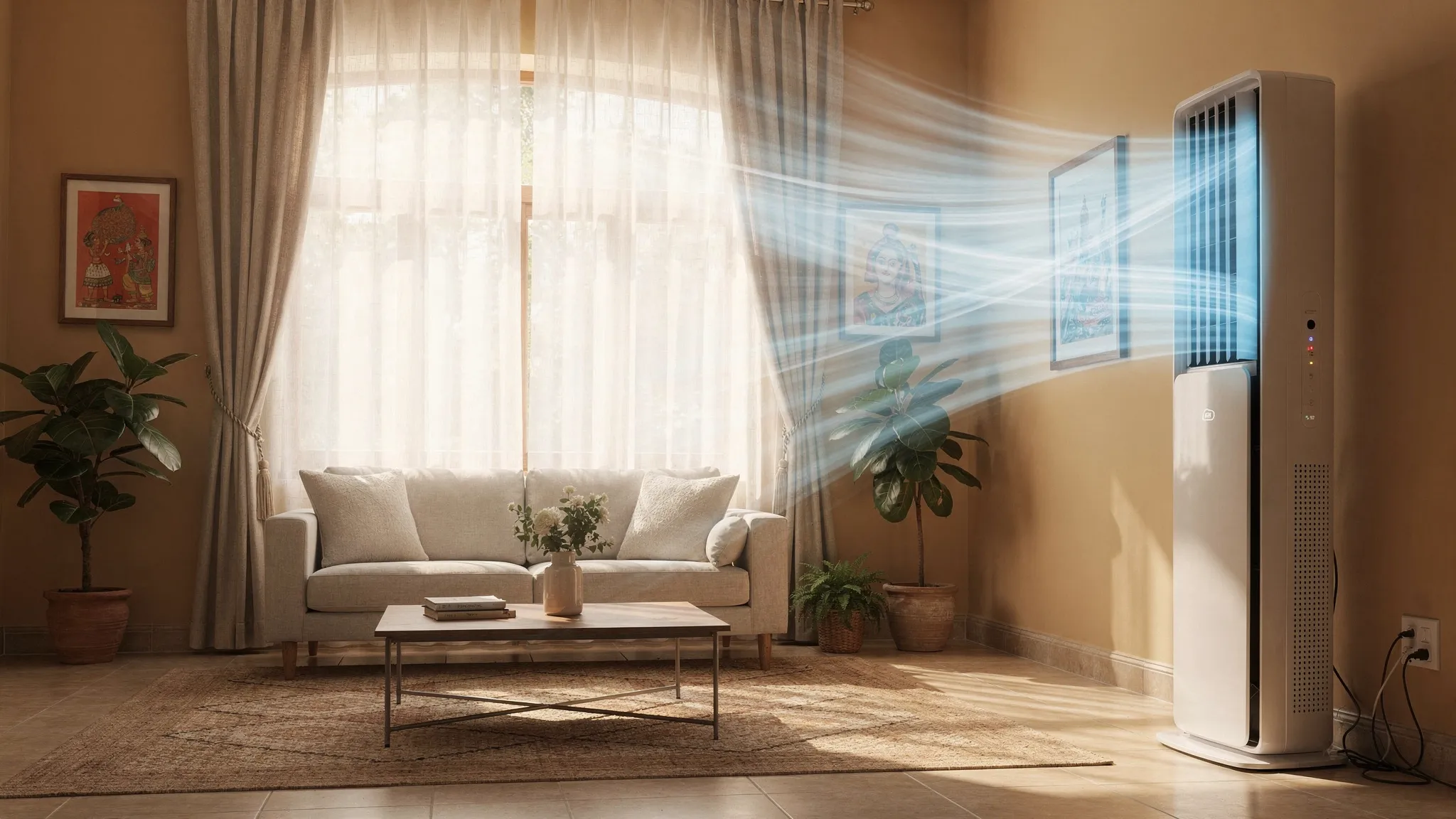A modern floor standing tower air conditioner installed in a Chennai style living room with high ceiling and wide curtains, showing strong cool airflow direction toward the centre of the room.