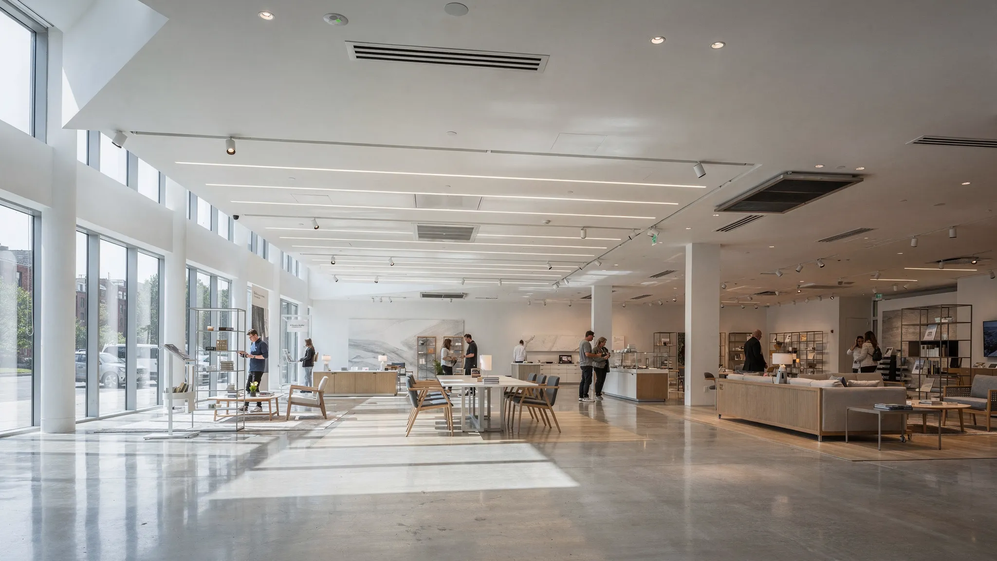 A modern high-ceiling showroom interior with a concealed ceiling ducted AC setup, visible linear diffusers and return air grille positioned for even airflow across an open area.