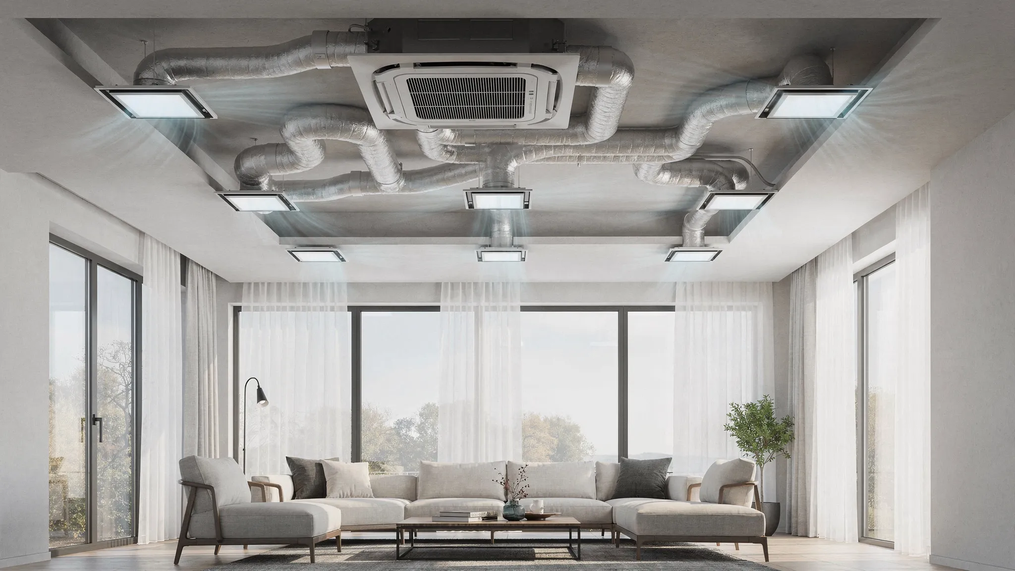 A modern home interior with a false ceiling showing concealed ducted AC indoor unit, insulated ducts running to multiple rooms and neat ceiling diffusers delivering uniform airflow.