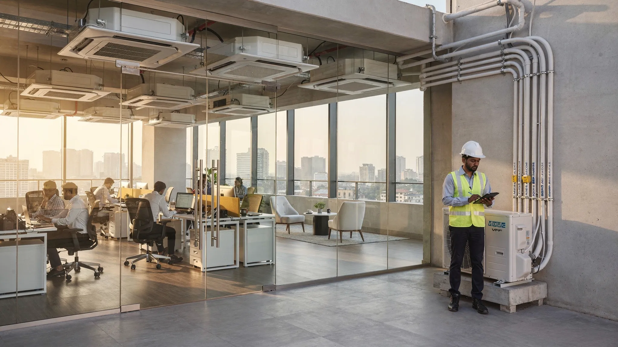 A modern Indian office floor with multiple cassette type VRF indoor units installed in a false ceiling, each serving a different zone. A technician wearing a hard hat checks a compact outdoor VRF unit on the terrace against the Chennai skyline, with visible insulated refrigerant piping neatly routed.