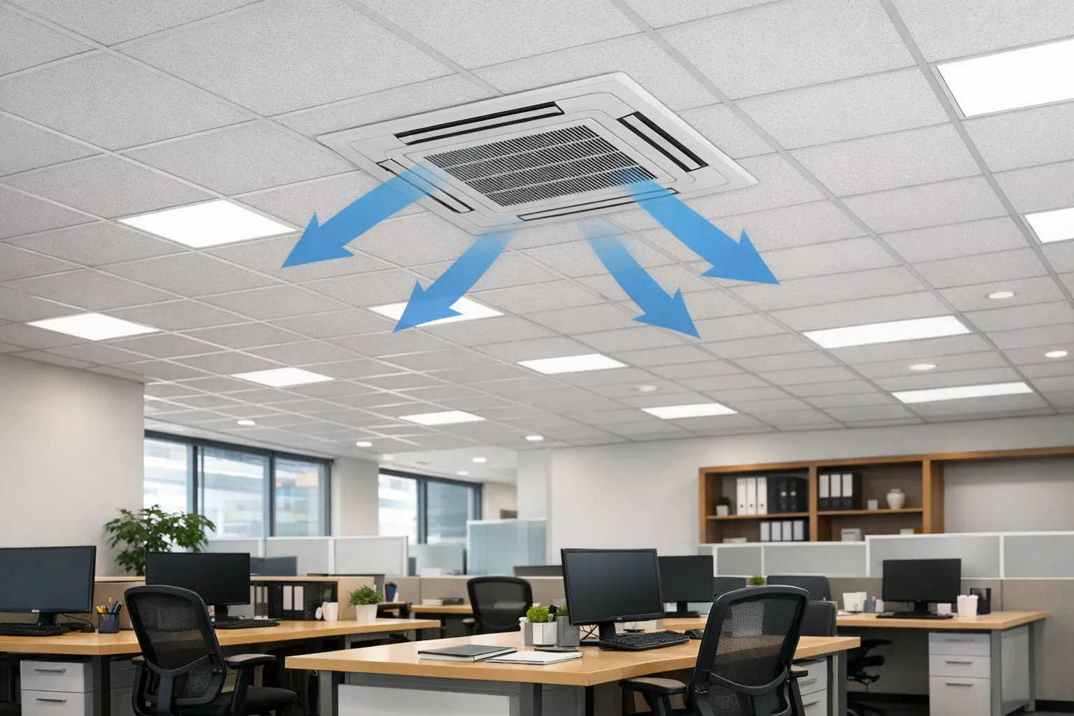 A modern office interior with a false ceiling showing a ceiling cassette AC grille in the center, even airflow suggested by subtle arrows, with desks and chairs below to illustrate uniform cooling in a single large zone.