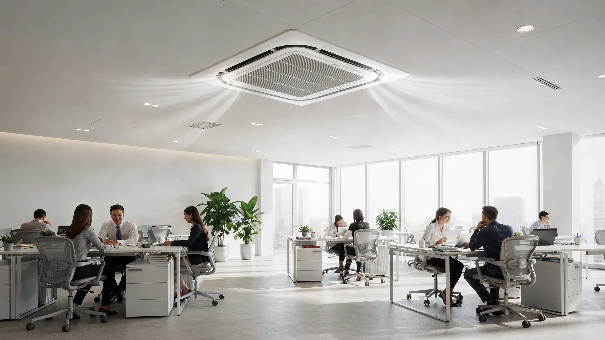 A modern office interior with a false ceiling showing a ceiling cassette AC panel centered in the room, subtle airflow indications coming from four sides, people seated at desks but not looking at screens, bright daytime lighting and clean minimal decor.