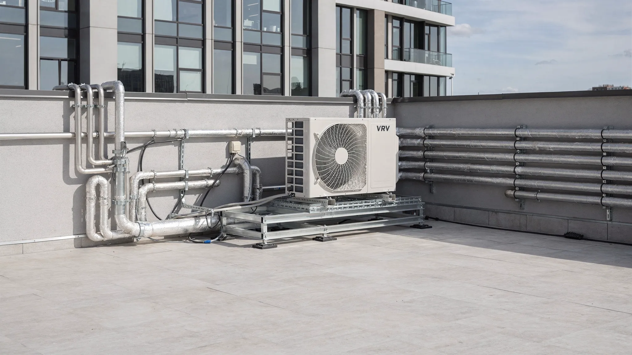 A modern VRV outdoor unit installed on a building service terrace with multiple refrigerant lines running neatly to several indoor units across different floors, showing a clean commercial or premium residential setup.