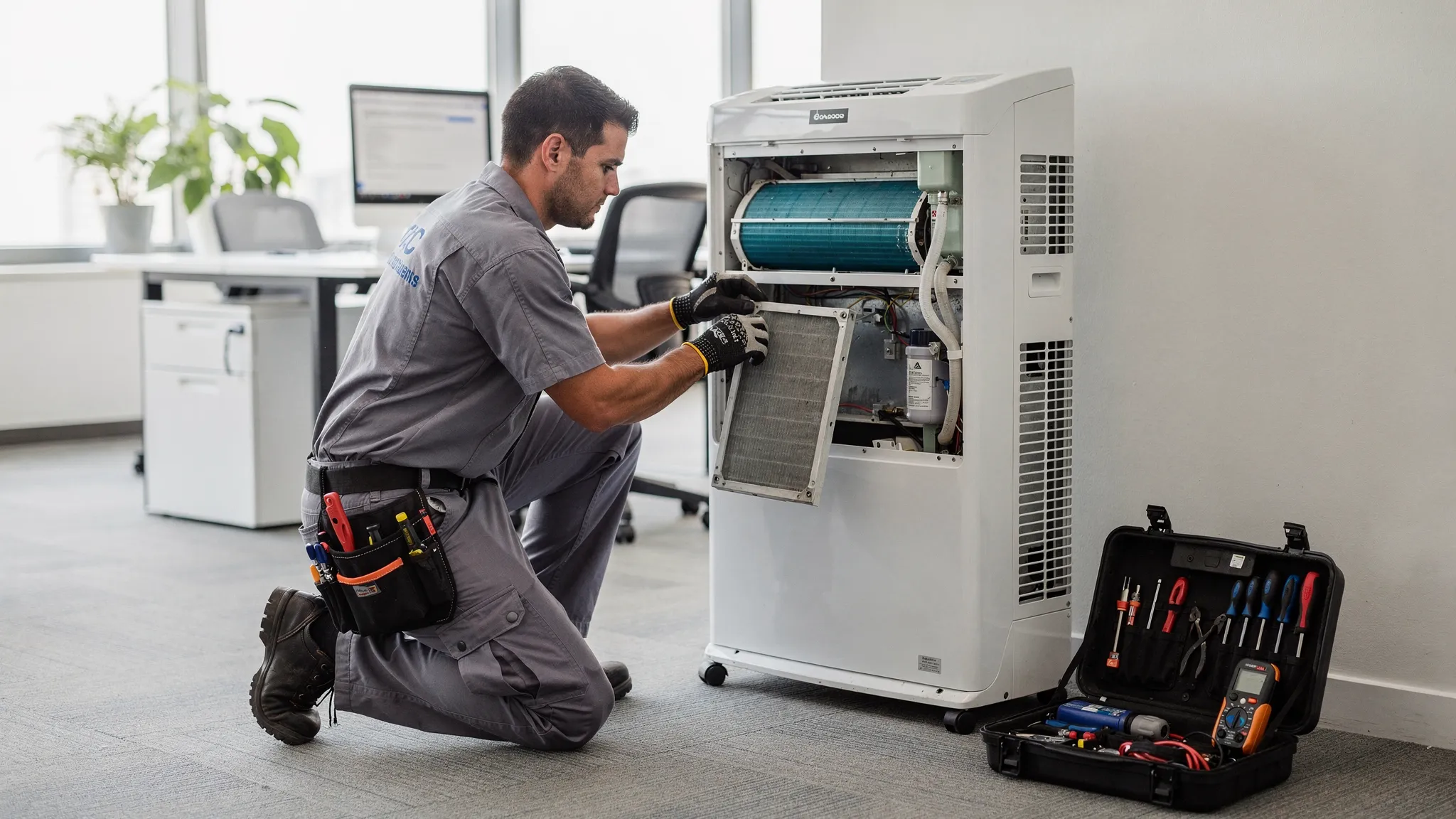 A professional AC technician performing routine maintenance on a floor standing air conditioner in an office setting, with the front panel open for filter cleaning and inspection, and tools placed neatly nearby.