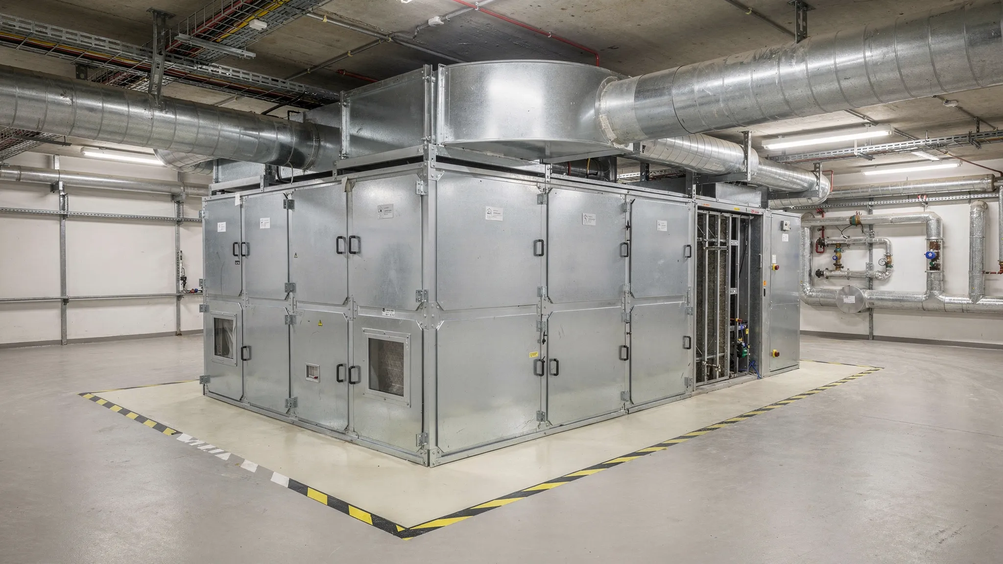 A realistic photo of an HVAC plant room showing a large air handling unit connected to supply and return ducts with visible access panels filters section and maintenance clearance space.