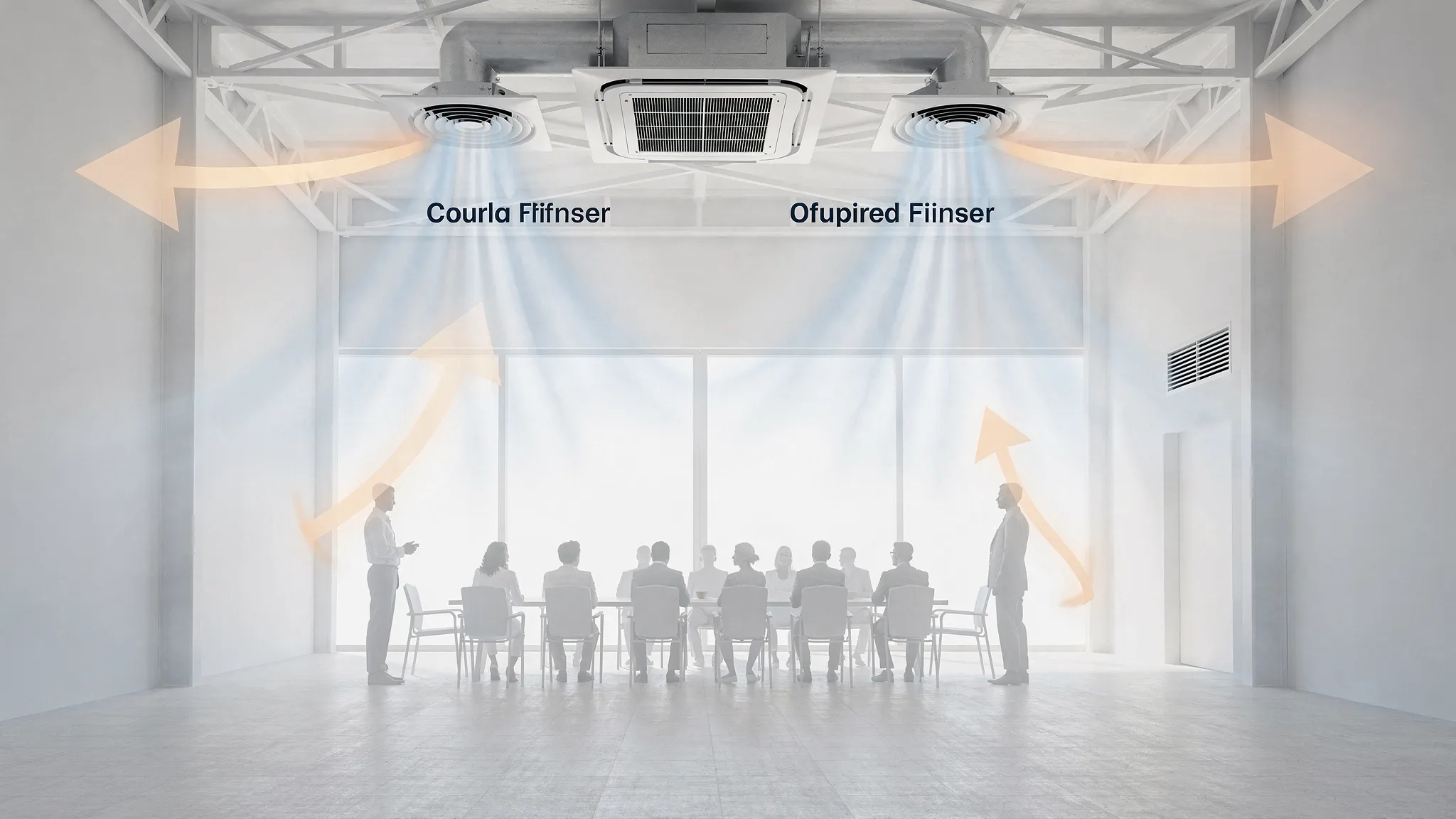 A simple airflow diagram for a high-ceiling open hall showing a ducted AC unit feeding two ceiling diffusers, a return air grille, and cool air reaching the occupied zone below.