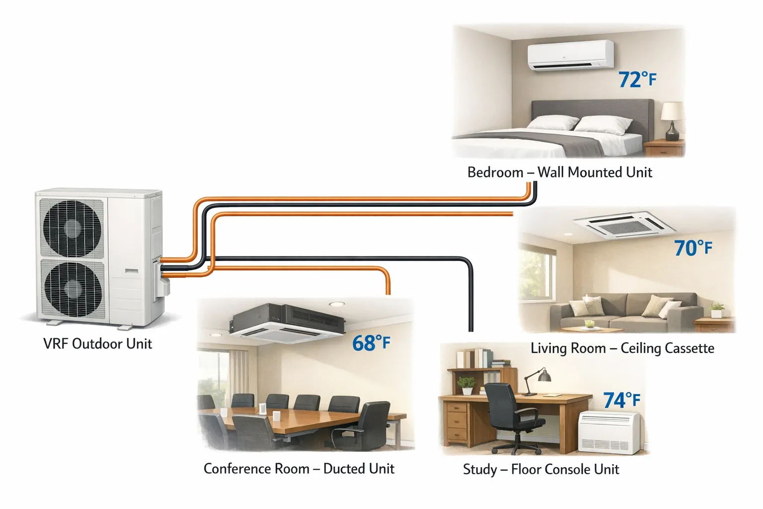 A simple schematic style illustration showing one compact VRF outdoor unit connected by insulated copper piping to four different indoor units, a wall mounted unit in a bedroom, a cassette in a living room, a concealed ducted unit in a conference room, and a floor console in a study, each set to different temperatures.
