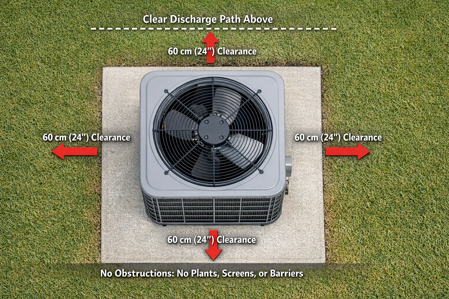 A simple top view diagram of an outdoor AC condensing unit showing recommended clearances, 60 cm on all sides, clear discharge path, and no obstructions like plants or screens.