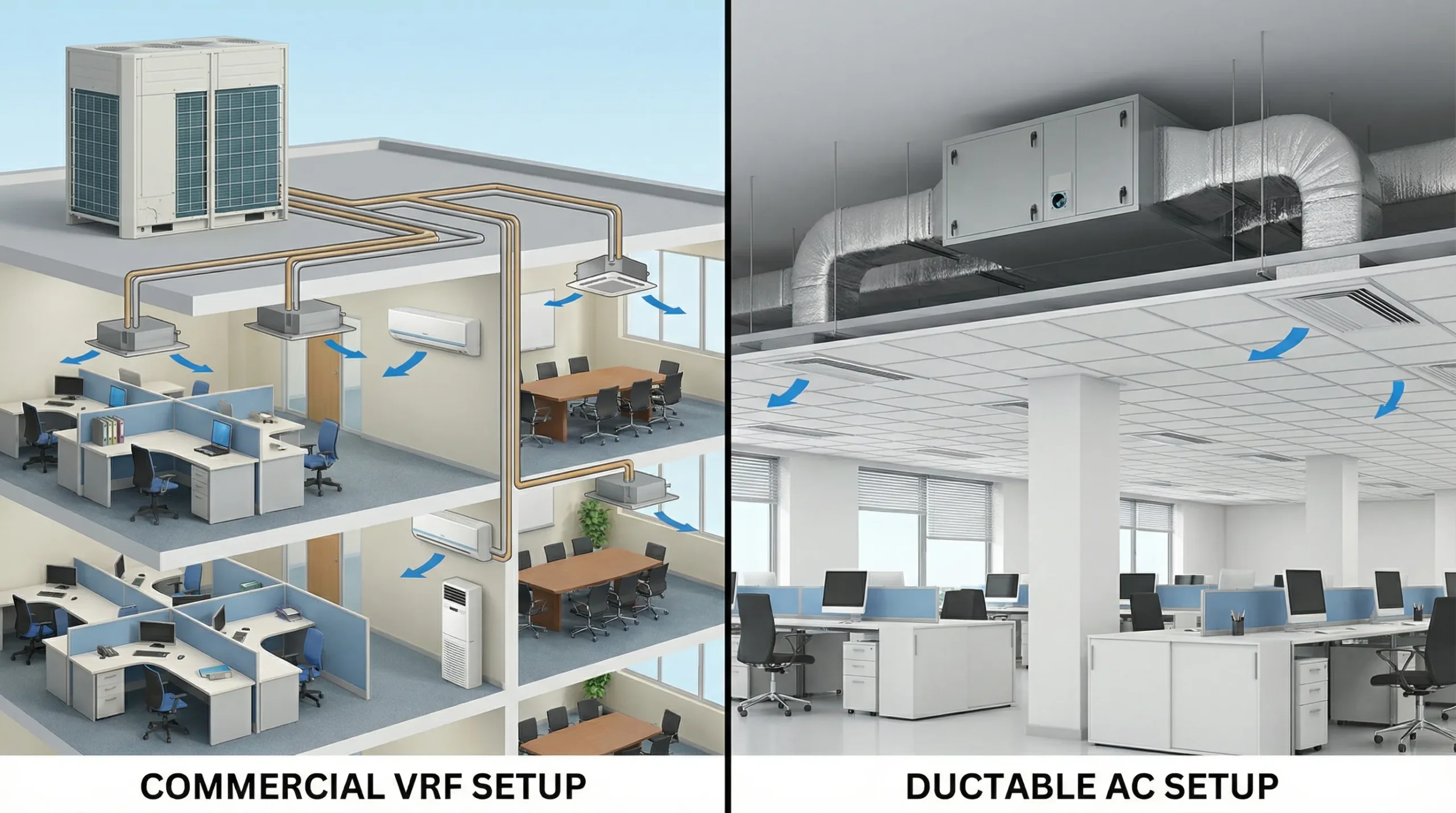 A split illustration showing a commercial VRF setup on the left with one outdoor unit connected by refrigerant piping to multiple indoor units across rooms, and a ductable AC setup on the right with one indoor unit connected to ducts feeding multiple vents in a false ceiling of an office floor.