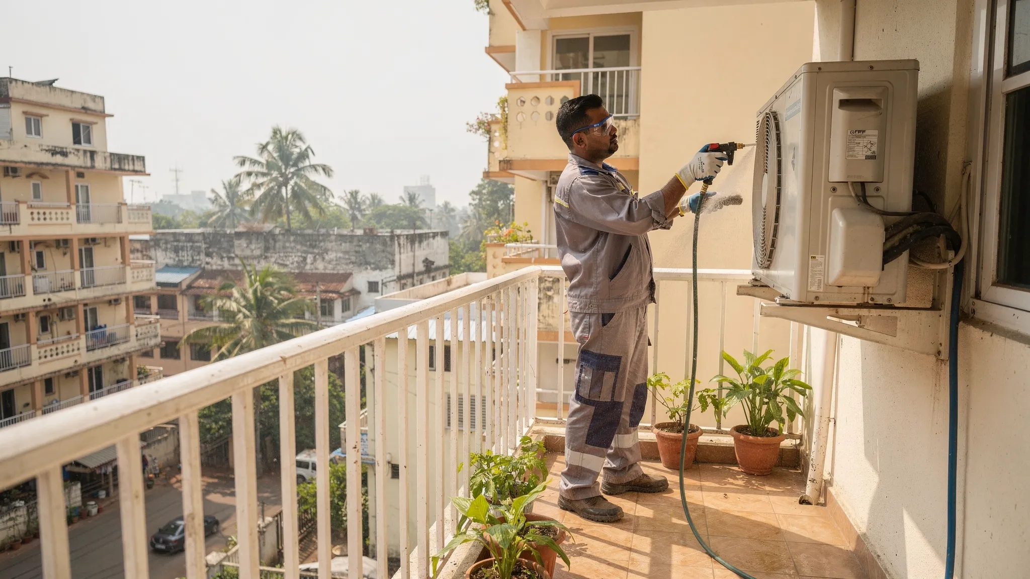 A technician on a Chennai apartment balcony safely cleaning an outdoor AC condensing unit with a low pressure hose and soft brush, with power switched off, plants pulled back, and clear airflow space around the cabinet.