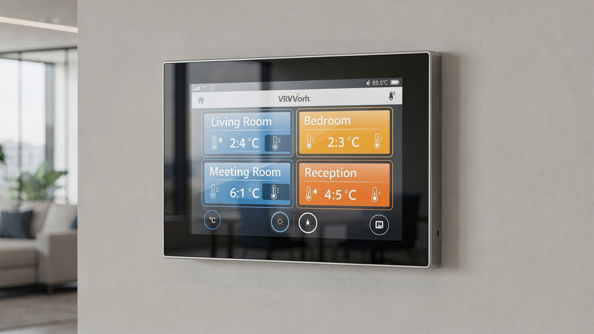 A wall-mounted central controller showing multiple zones like living room, bedroom, meeting room and reception with different temperature setpoints, illustrating zoning control in a VRV system.