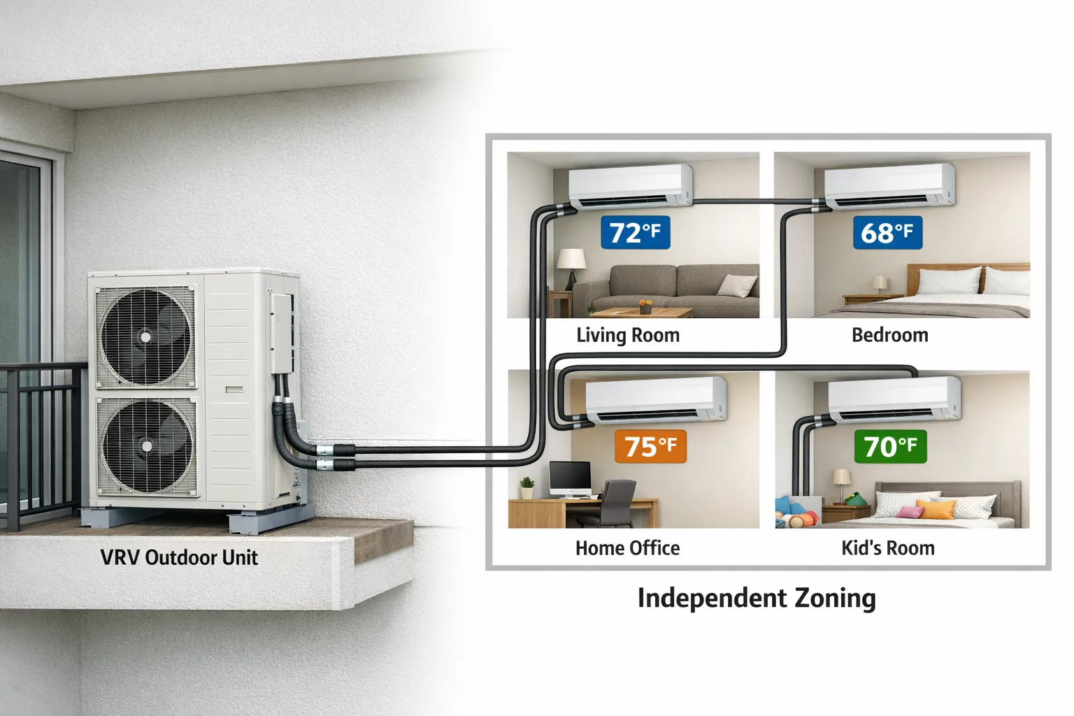 Simple schematic style illustration of a single outdoor VRV unit on an apartment balcony connected via insulated refrigerant lines to four indoor units in different rooms, each with its own temperature setting, representing independent zoning.