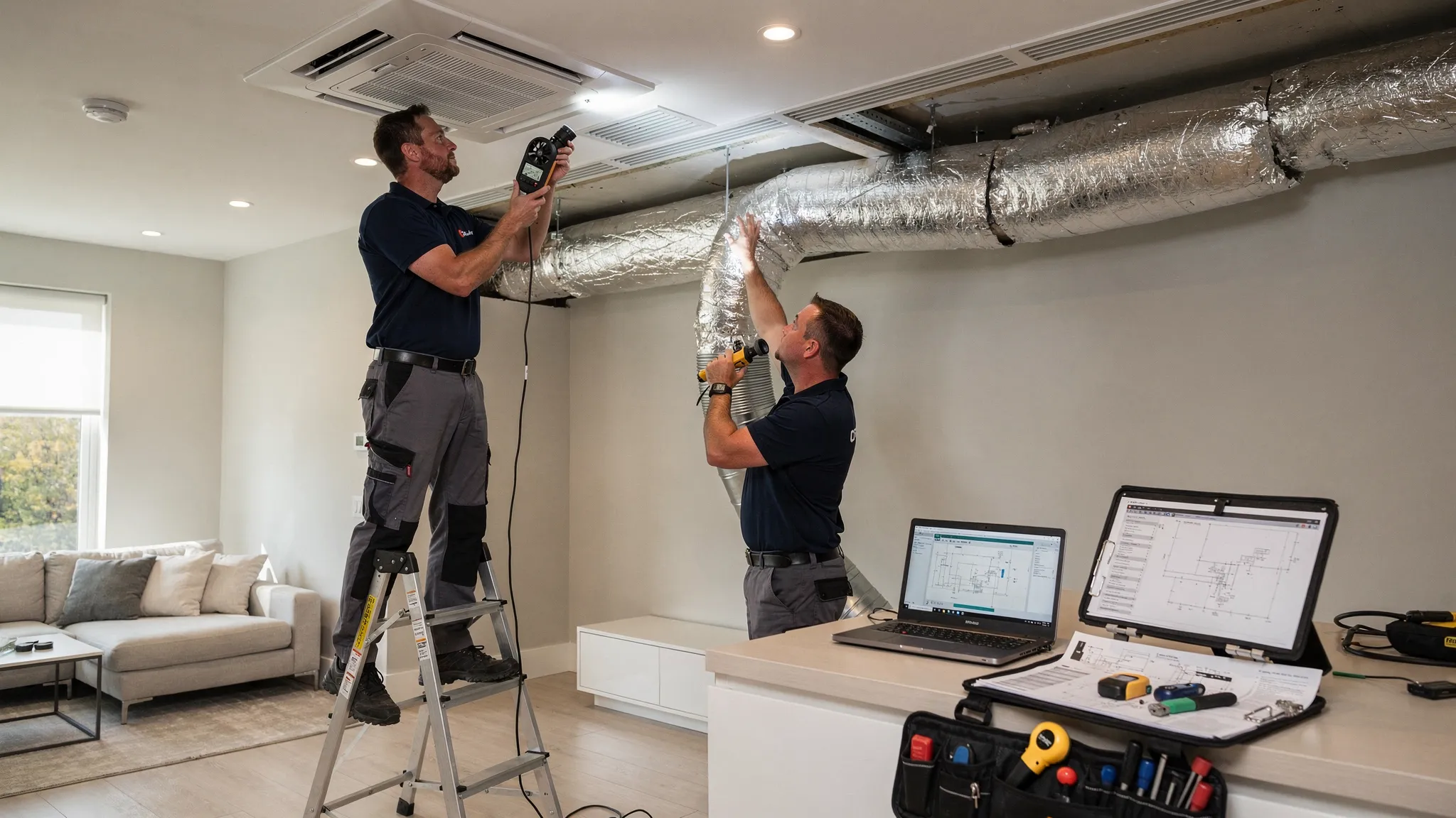 Technicians measuring airflow at ceiling diffusers and checking duct insulation during a centralised air conditioning commissioning visit in a modern home interior.