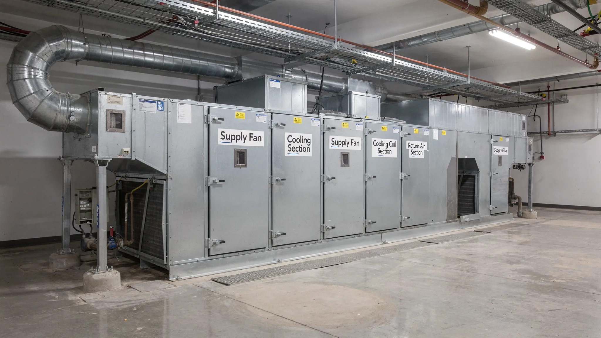 A large commercial HVAC air handling unit in a mechanical room with visible duct connections, filter access panels and labeled components like supply fan, cooling coil section and return air section.