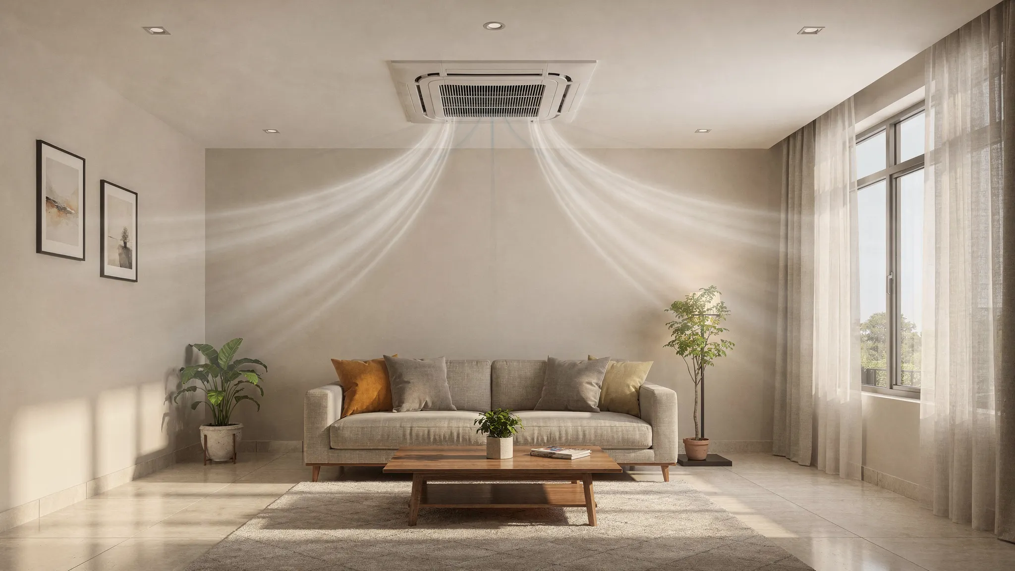 A modern Chennai living room with a false ceiling and a square ceiling cassette AC panel centered above the seating area, with subtle air flow lines showing four-way distribution and minimal wall clutter.