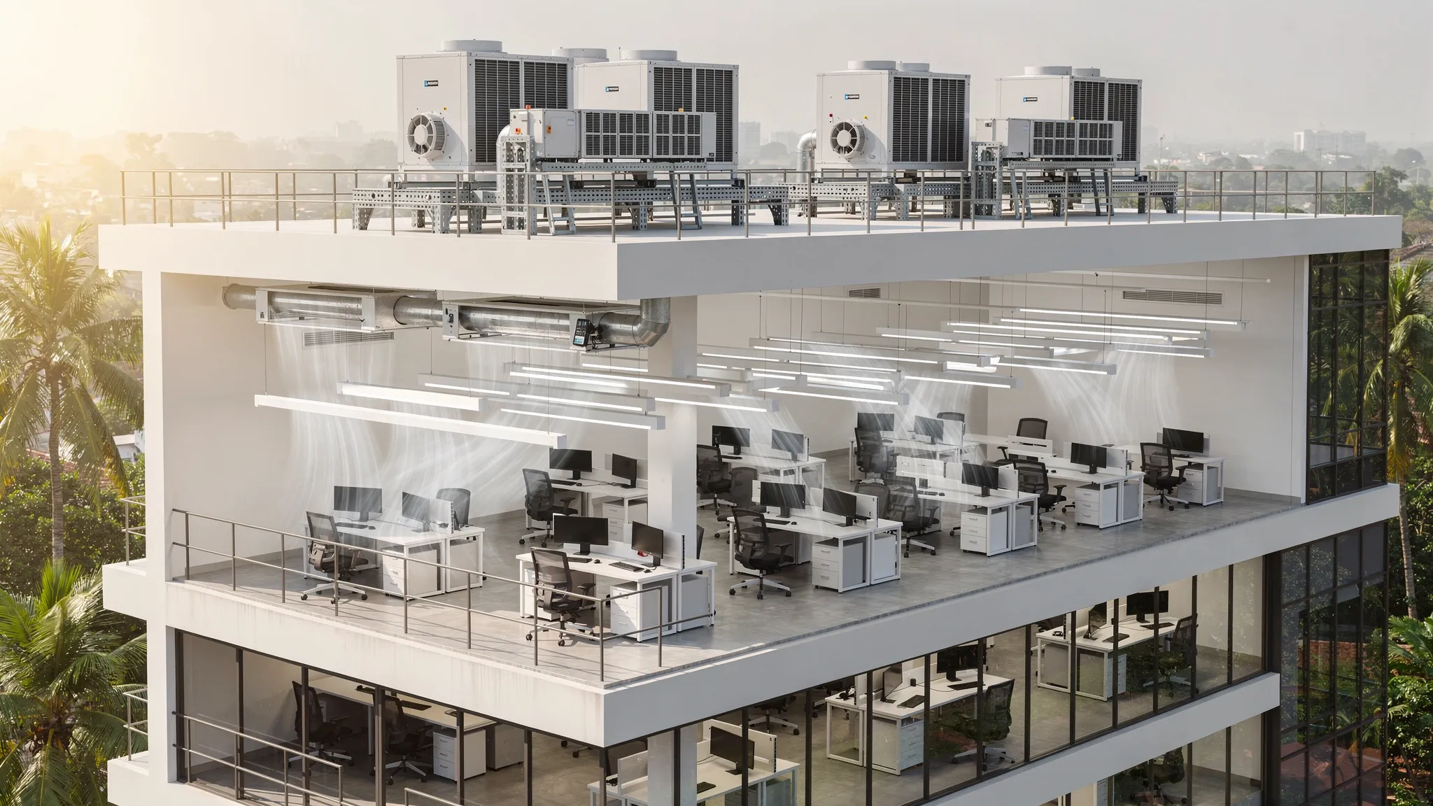 A modern multi storey commercial building in Chennai with rooftop outdoor HVAC units and an indoor office ceiling showing concealed AC units and linear diffusers, highlighting planning for service access and airflow.