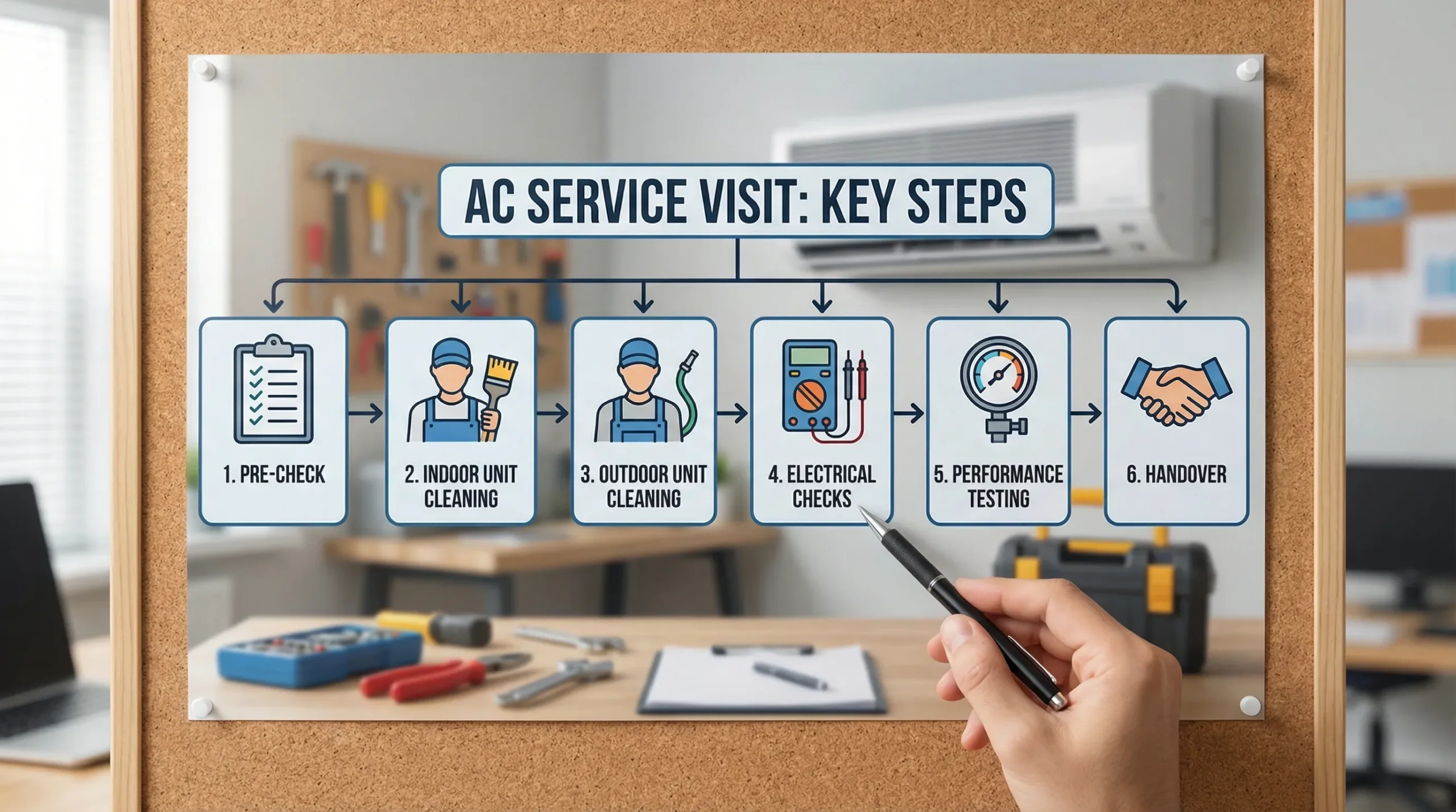 A simple diagram showing the key steps of an AC service visit: pre-check, indoor unit cleaning, outdoor unit cleaning, electrical checks, performance testing, and handover.