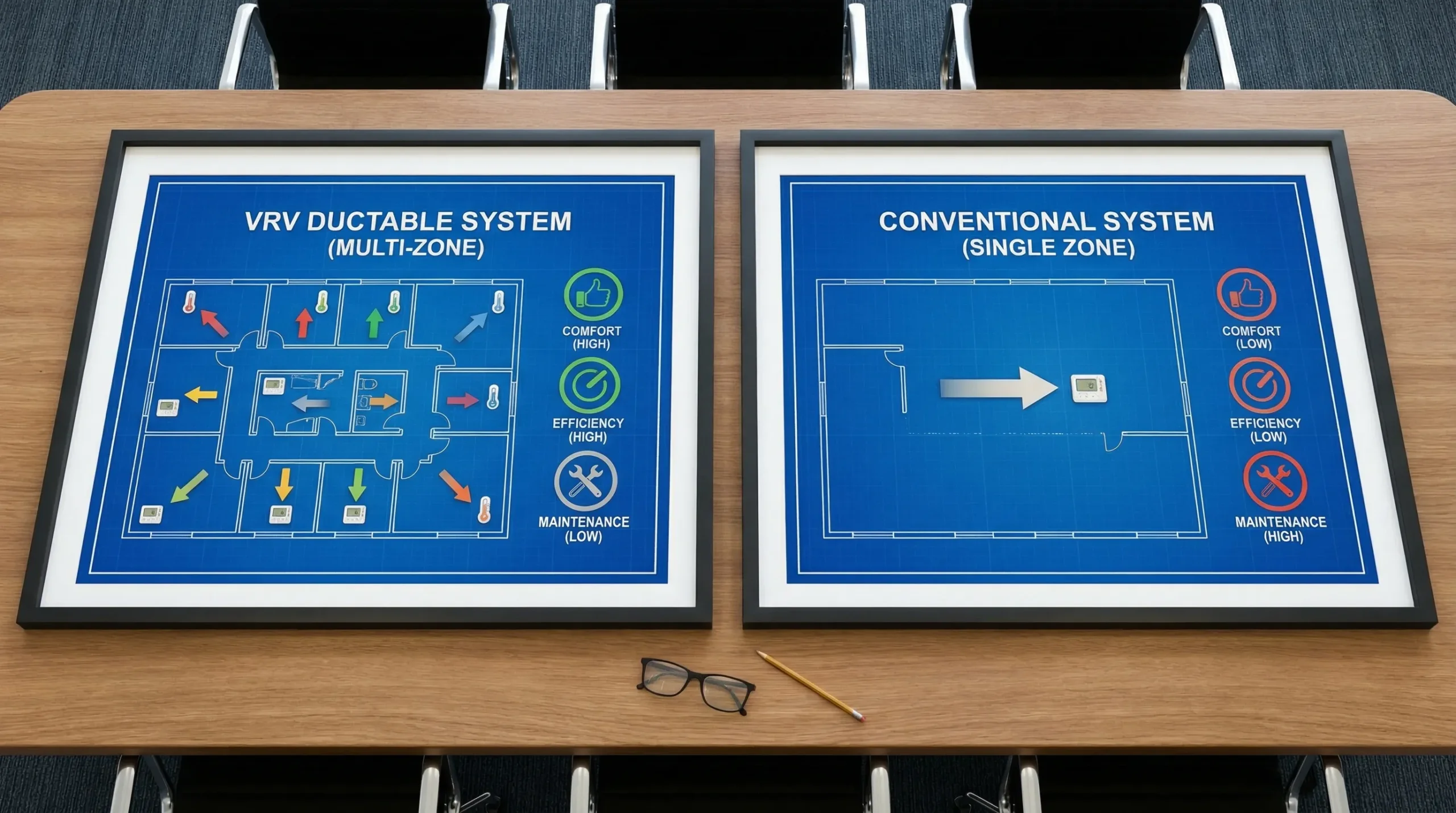 A simple side by side comparison scene showing two building floor plans: one with multiple zones controlled independently for a VRV ductable system and one with a single large ducted zone for a conventional system, with clear icons for comfort, efficiency and maintenance.