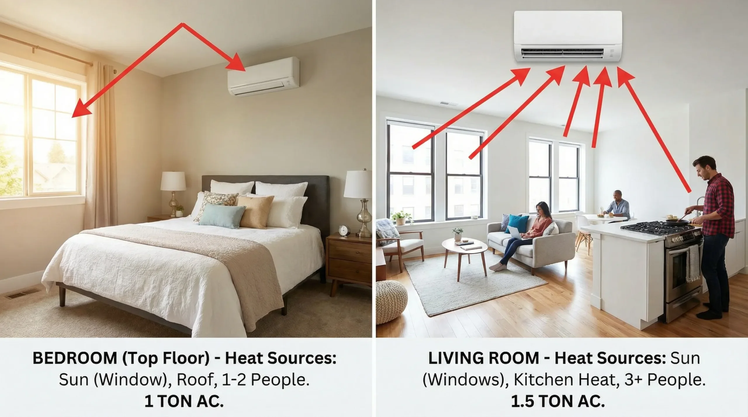 A simple visual comparison of a bedroom and a living room layout showing where heat enters (sun-facing window, top floor roof, kitchen heat, people) and how it affects choosing 1 ton vs 1.5 ton AC capacity.