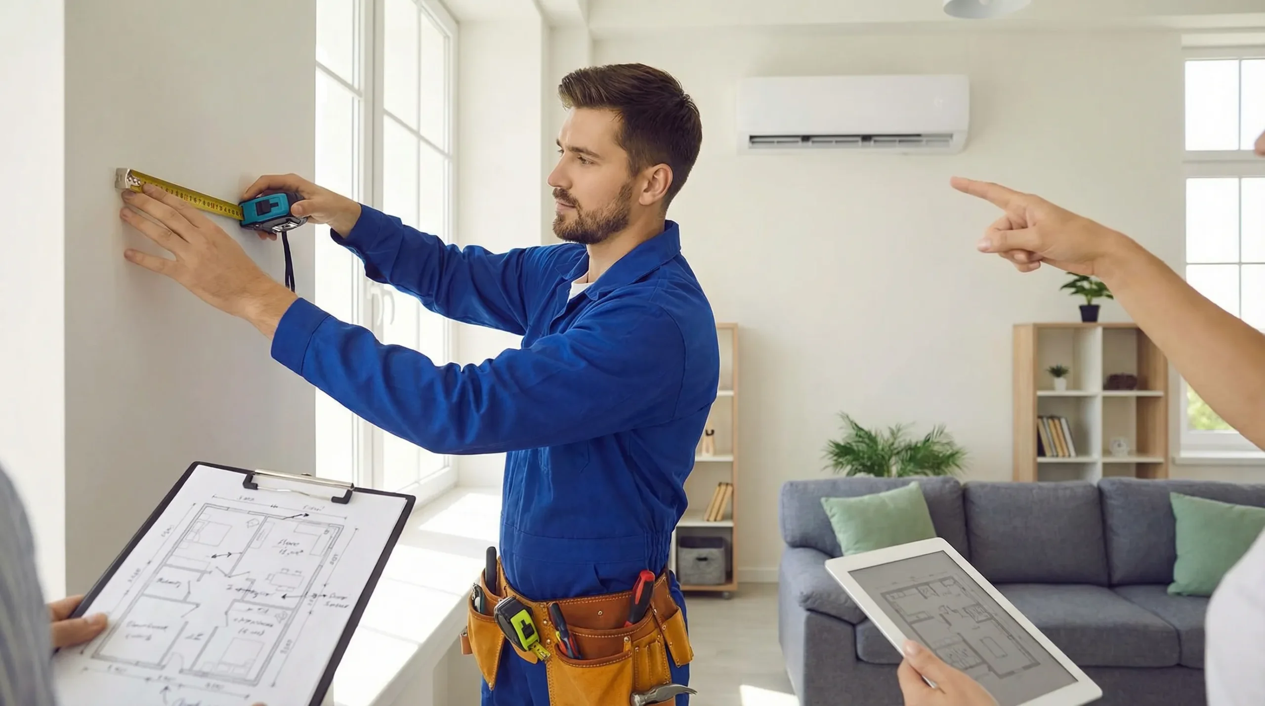 A technician measuring a room and checking an indoor split AC installation location, with notes for room dimensions, window placement, and airflow direction.