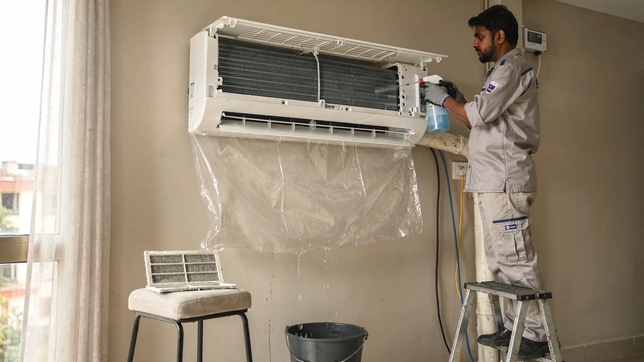 A technician servicing a wall-mounted split AC indoor unit in a Chennai apartment, with the front panel open, filters removed for cleaning, and protective wash cover fitted to collect water safely.