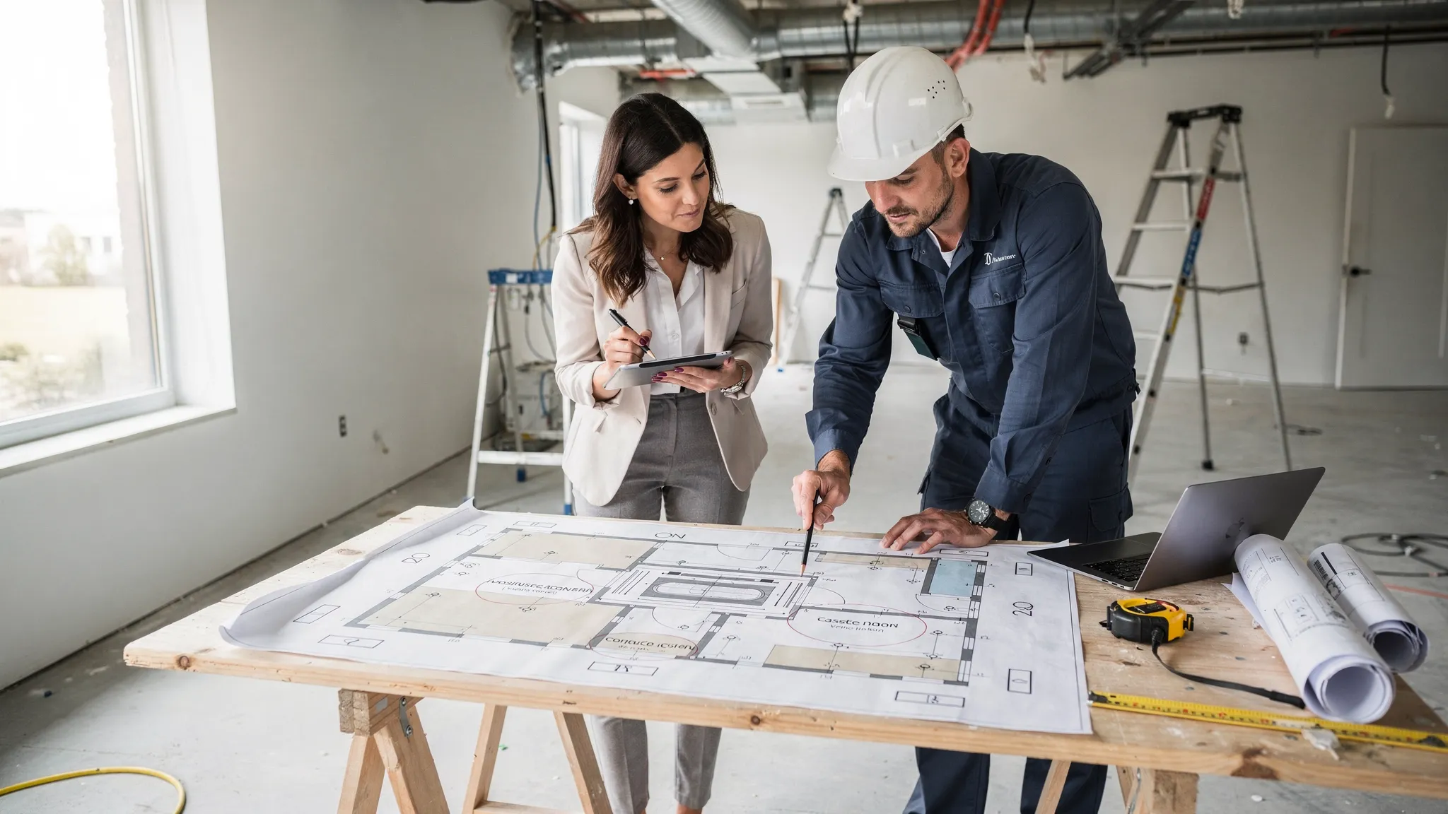 An interior designer and HVAC technician reviewing a reflected ceiling plan on a table with a marked cassette AC position, lighting points and access panel locations inside a modern apartment site.