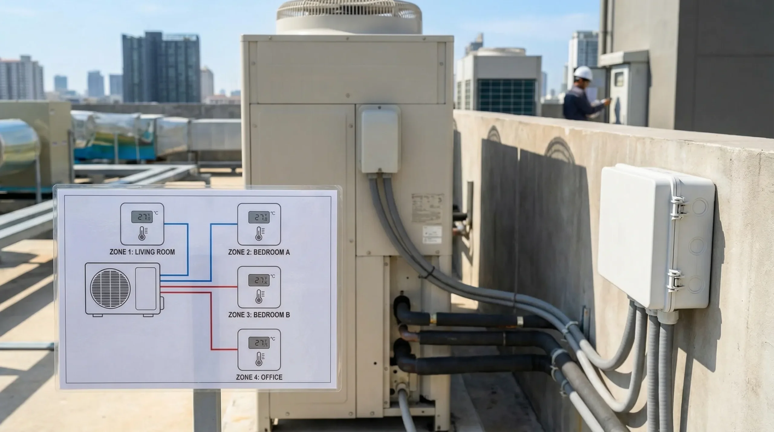 An outdoor VRF installation on a building terrace with one outdoor unit connected to multiple indoor zones, illustrated with a simple 4-zone diagram showing separate temperature control for rooms.