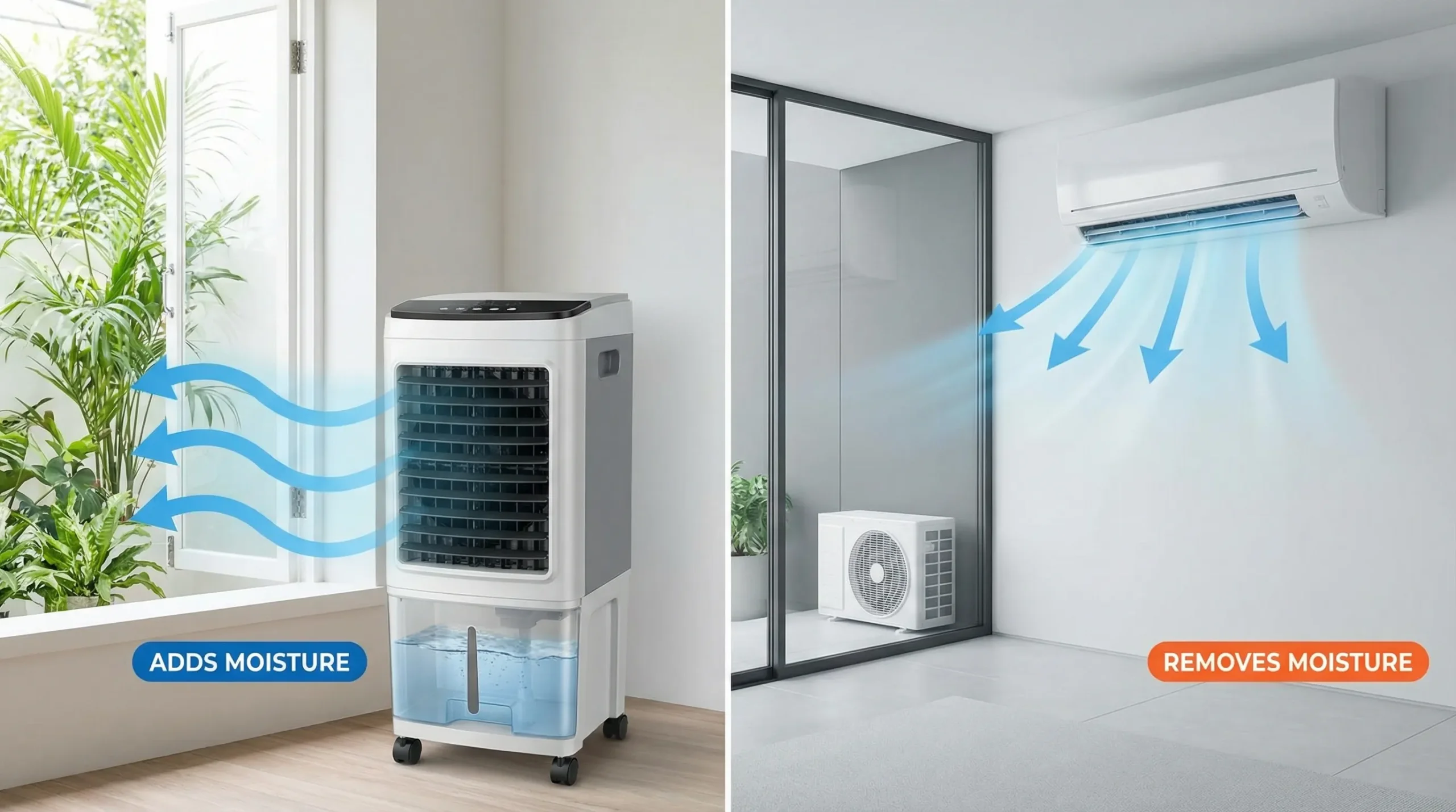 Side-by-side comparison scene showing an evaporative air cooler near an open window with airflow arrows, and a split air conditioner cooling a closed room with a visible outdoor unit; include small labels for “adds moisture” vs “removes moisture”.